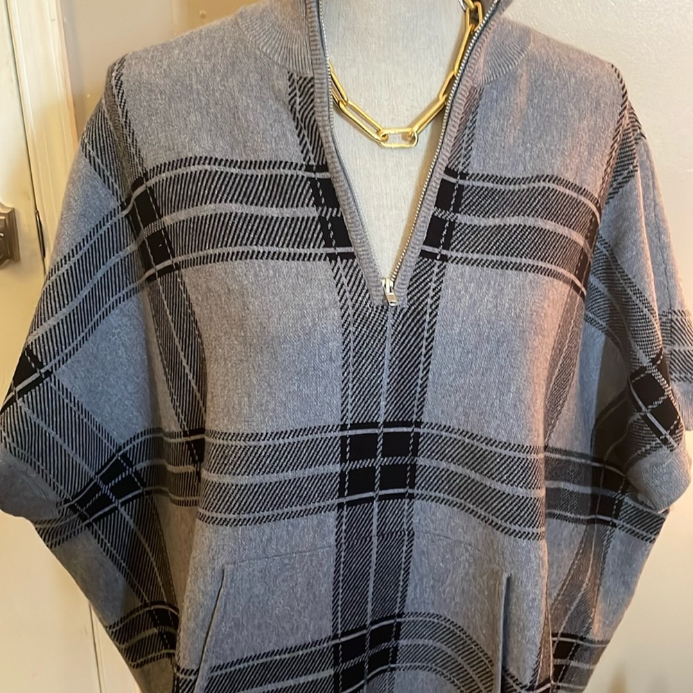 Grey and black plaid poncho